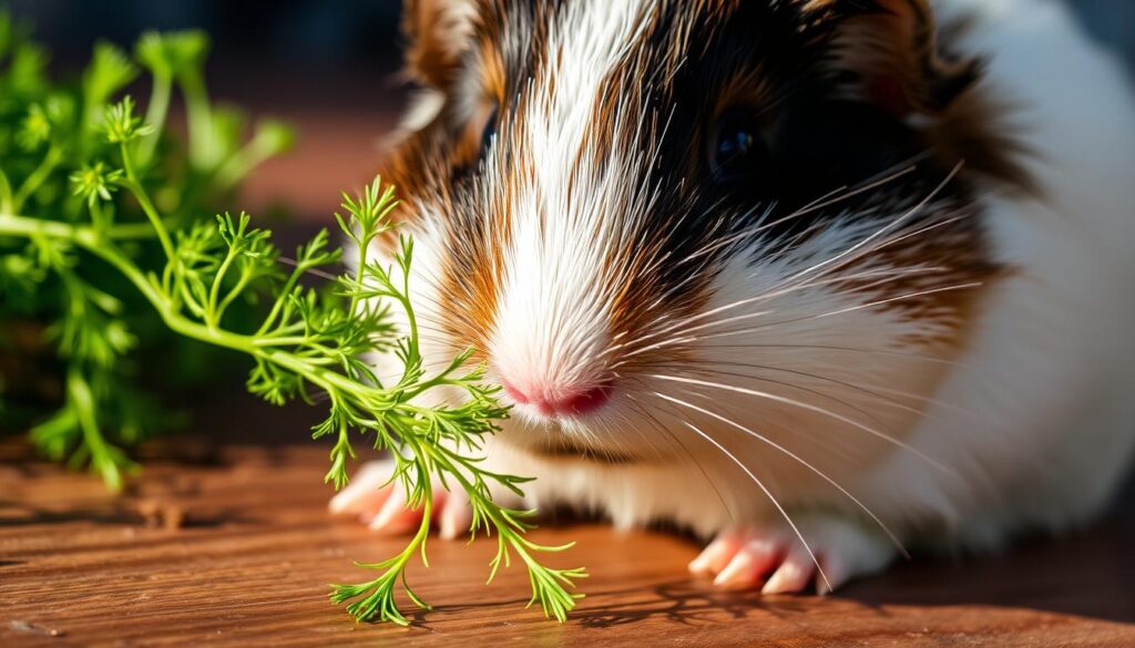 A close-up photograph of a guinea pig (Meerschweinchen) eating a sprig of fresh, vibrant green dill (Dill) on a wooden surface. The guinea pig's soft, furry body is in focus, with its nose gently nibbling the delicate dill leaves. The lighting is natural, casting warm, gentle shadows that accentuate the texture of the guinea pig's fur and the dill's delicate fronds. The background is slightly blurred, creating a sense of depth and drawing the viewer's attention to the central subject. The overall mood is one of calmness and contentment, reflecting the healthy and harmonious relationship between the guinea pig and its favorite snack. Kann Man Meerschweinchen Dill Geben?