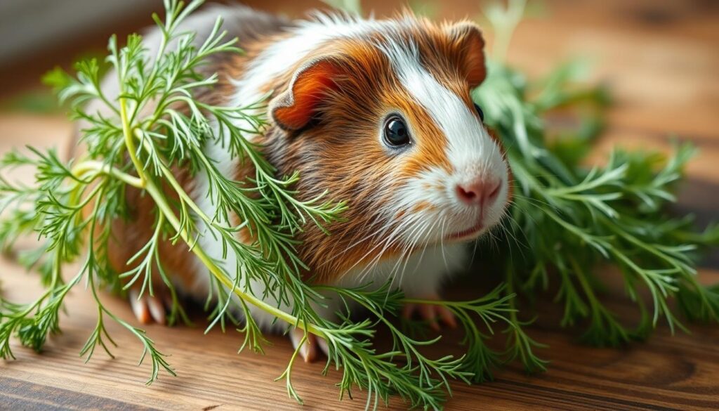 A close-up photograph of a guinea pig (Meerschweinchen) sitting on a wooden surface, surrounded by fresh, green dill (Dill) sprigs. The guinea pig is alert and attentive, its fur shining in the soft, natural lighting. The dill appears vibrant, with delicate fronds cascading around the guinea pig. The composition emphasizes the harmony between the guinea pig and its healthy, fragrant companion. The image has a warm, earthy tone, capturing the essence of a content, well-cared-for pet enjoying a nutritious treat. Kann Man Meerschweinchen Dill Geben?