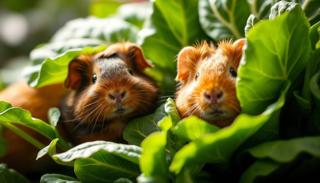 A close-up portrait of two friendly guinea pigs, one light brown and one dark brown, nestled amidst lush, verdant leaves of Chinese cabbage. The lighting is soft and diffused, casting a warm, natural glow on the scene. The guinea pigs are positioned in the foreground, their attentive expressions and relaxed postures conveying a sense of contentment and harmony with their leafy surroundings. The middle ground features the vibrant, textured foliage of the Chinese cabbage, its broad, overlapping leaves filling the frame with a verdant, organic presence. The background is slightly blurred, creating a gentle, out-of-focus impression that emphasizes the focal point of the guinea pigs. The overall composition and lighting evoke a serene, pastoral mood, inviting the viewer to appreciate the peaceful coexistence of these two distinct elements - the guinea pigs and the Chinese cabbage. Meerschweinchen Chinakohl