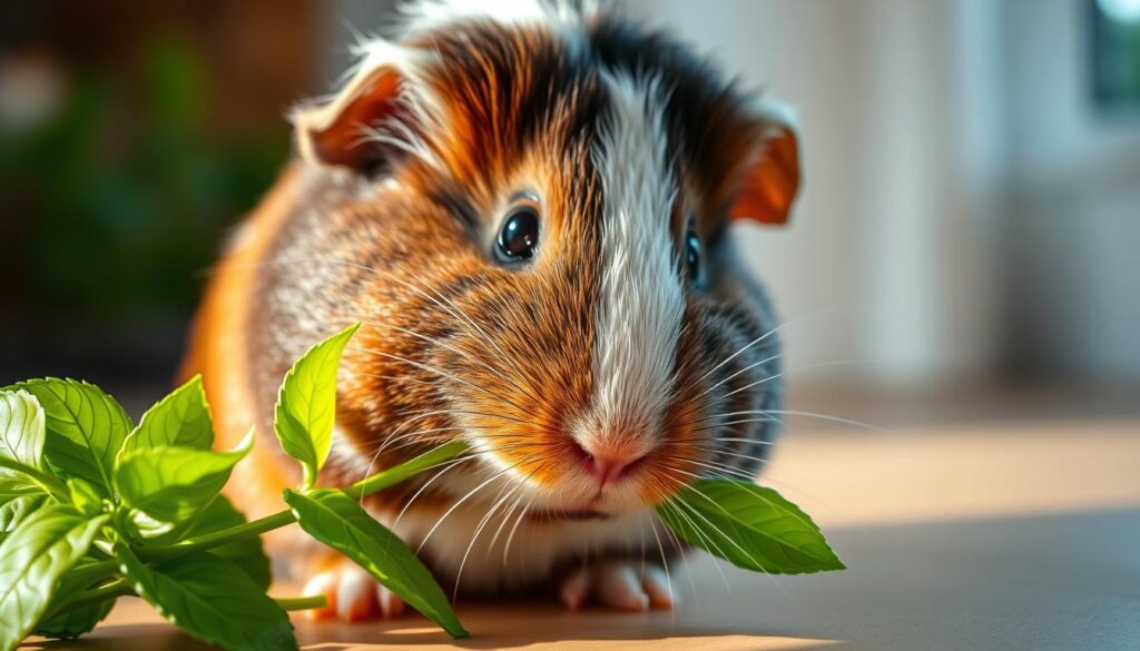 A closeup shot of a guinea pig (meerschweinchen) eating fresh, vibrant green basil (basilikum) leaves. The guinea pig is shown in the foreground, with its head lowered and focused intently on the task of carefully chewing the delicate, aromatic herb. The lighting is soft and natural, creating warm, diffused shadows that accentuate the texture of the guinea pig's fur and the sheen of the basil leaves. The background is blurred, suggesting a serene, domestic setting, allowing the viewer to concentrate solely on the captivating interaction between the guinea pig and the basil. The overall mood is one of tranquility and wholesome delight, conveying the harmony between the small animal and the nourishing plant it is consuming. Dürfen Meerschweinchen Basilikum essen?