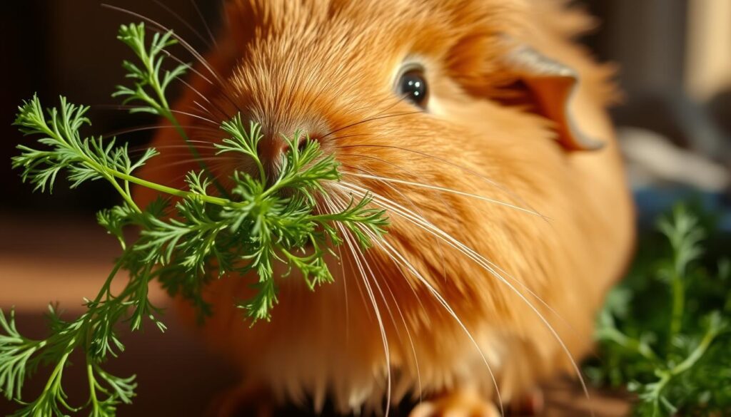 A guinea pig intently nibbling on a lush bunch of fresh dill, the delicate green fronds contrasting against its soft, fluffy brown fur. The scene is bathed in warm, natural light, casting subtle shadows that accentuate the textures. The guinea pig's whiskers twitch as it savors the aromatic herb, its eyes bright with delight. The image is captured from a slightly low angle, placing the viewer at the guinea pig's level, creating a sense of intimacy and connection. The background is softly blurred, keeping the focus firmly on the satisfying act of the guinea pig enjoying its favorite treat.