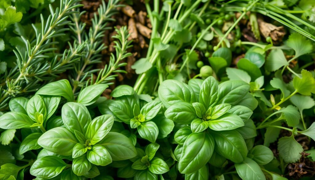 A lush, verdant arrangement of herbs and leafy greens, carefully curated for the health and happiness of pet guinea pigs. In the foreground, vibrant sprigs of fresh basil, their delicate leaves gently illuminated by soft, diffused natural light. In the middle ground, sprigs of rosemary, thyme, and parsley, their earthy tones and delicate textures complementing the basil. In the background, a variety of other pet-safe herbs and leafy greens, creating a visually appealing and nutritious selection. The composition is balanced, with a sense of harmony and abundance, reflecting the nourishing and beneficial nature of these ingredients for guinea pig care. The overall mood is one of natural, wholesome goodness, inviting the viewer to imagine the delight of a guinea pig exploring and enjoying this array of flavorful, healthful herbs. Dürfen Meerschweinchen Basilikum essen?
