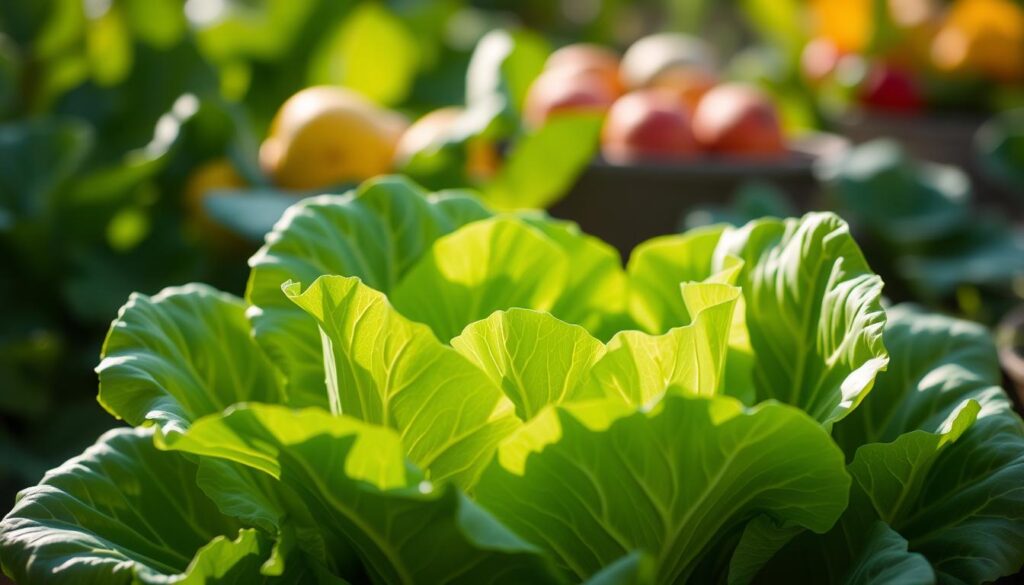 A vibrant and lush Chinese cabbage (Chinakohl) in a verdant garden, bathed in soft, natural lighting. The large, green leaves are neatly arranged, their crisp texture and waxy sheen catching the gentle rays of the sun. In the background, a hazy blur of other seasonal produce suggests the abundance of a bountiful harvest. The composition is balanced and serene, inviting the viewer to appreciate the seasonal beauty and freshness of this nutritious vegetable, perfect for the discerning palate of a well-cared-for guinea pig (Meerschweinchen).