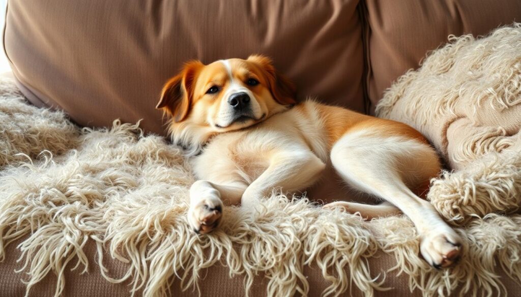 Ein Hund liegt entspannt auf einem mit Hundehaaren bedeckten Sofa - Hunde Zitate & Sprüche zum Schmunzeln Ein Hund liegt entspannt auf einem mit Hundehaaren bedeckten Sofa - Hunde Zitate & Sprüche zum Schmunzeln