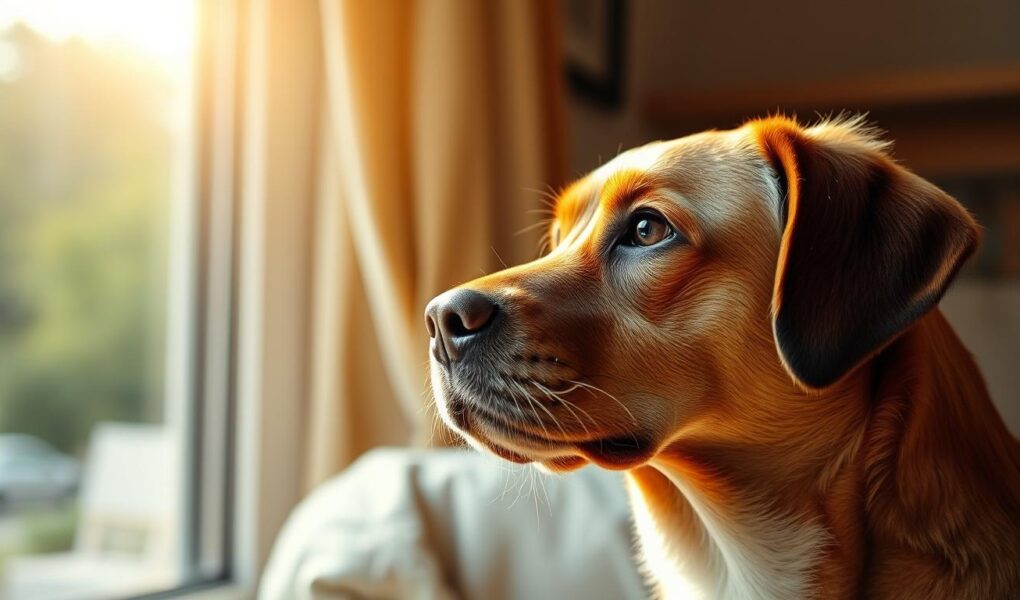 Ein nachdenklicher Hund blickt seinem Besitzer treu in die Augen, während Sonnenlicht durch ein Fenster fällt - Hunde Zitate & Sprüche