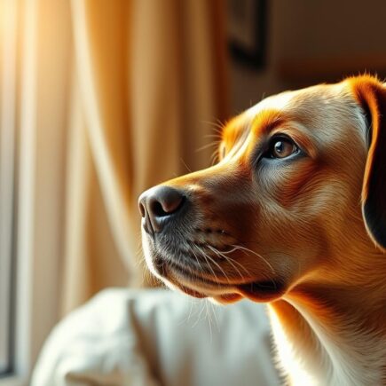 Ein nachdenklicher Hund blickt seinem Besitzer treu in die Augen, während Sonnenlicht durch ein Fenster fällt - Hunde Zitate & Sprüche