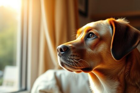 Ein nachdenklicher Hund blickt seinem Besitzer treu in die Augen, während Sonnenlicht durch ein Fenster fällt - Hunde Zitate & Sprüche