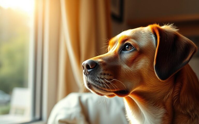 Ein nachdenklicher Hund blickt seinem Besitzer treu in die Augen, während Sonnenlicht durch ein Fenster fällt - Hunde Zitate & Sprüche
