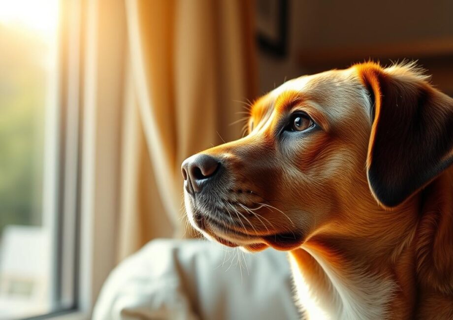 Ein nachdenklicher Hund blickt seinem Besitzer treu in die Augen, während Sonnenlicht durch ein Fenster fällt - Hunde Zitate & Sprüche