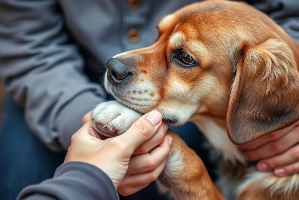 Eine Person hält sanft die Pfote ihres älteren Hundes - tröstende Hunde Zitate & Sprüche Eine Person hält sanft die Pfote ihres älteren Hundes - tröstende Hunde Zitate & Sprüche